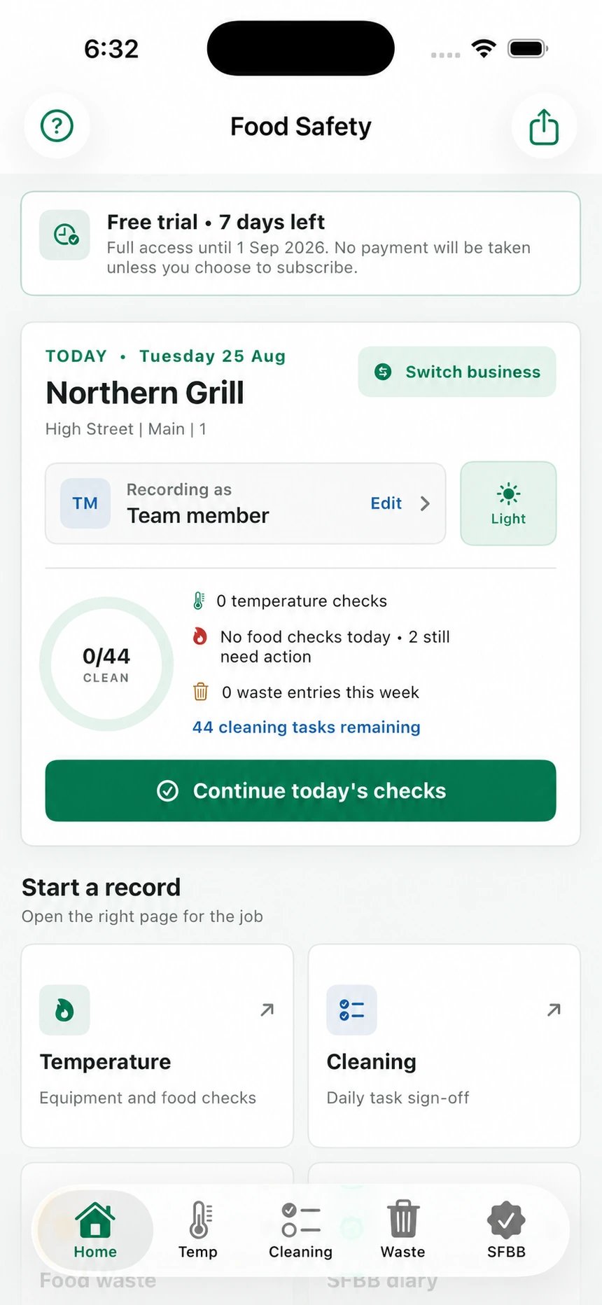 Current Food Hygiene Record Book home dashboard